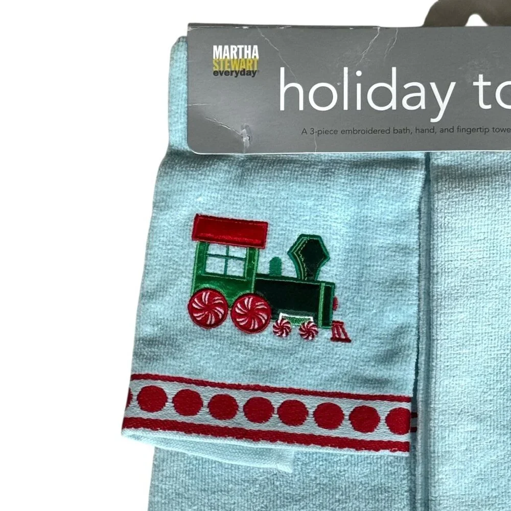 Vtg Martha Stewart 3-Piece Towel Set Holiday Train Embroidery 100% Cotton‎ KMart